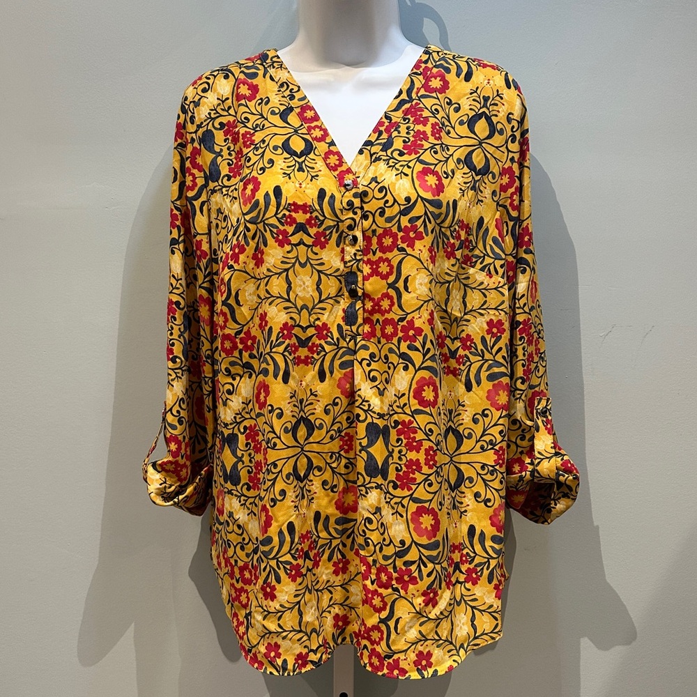 JM Collection Yellow Pink Blue Floral Blouse Medium
